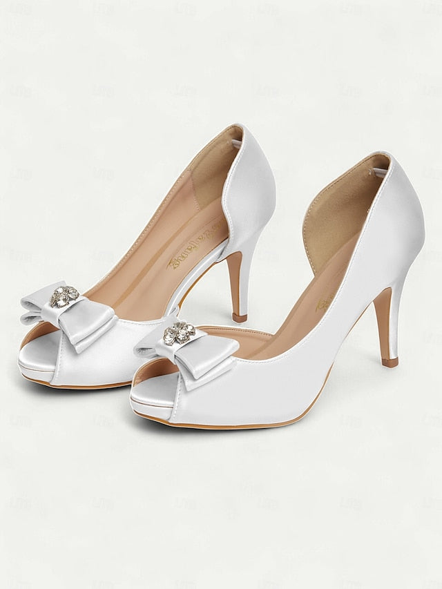 Satin Peep Toe Bow and with Heels Champagne Women's