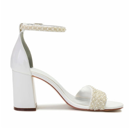 Pearl Strap White Embellished Ankle Ivory Women's Block