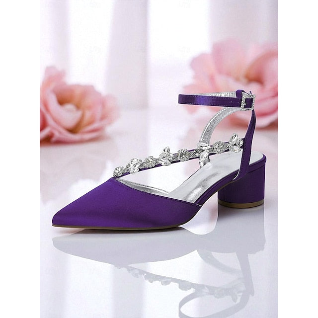 Satin Rhinestone Purple Women's Block with Heel Pumps