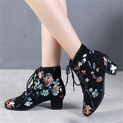 Floral for – Low Comfortable Shoes Lace-up Women Dance Black
