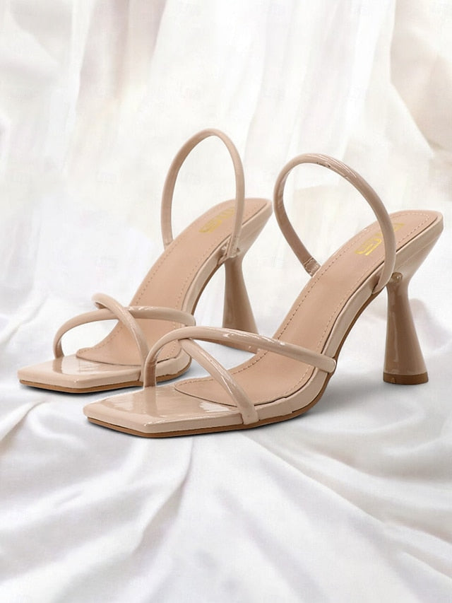 Design Strappy Sandals Square Beige Toe – Heeled with