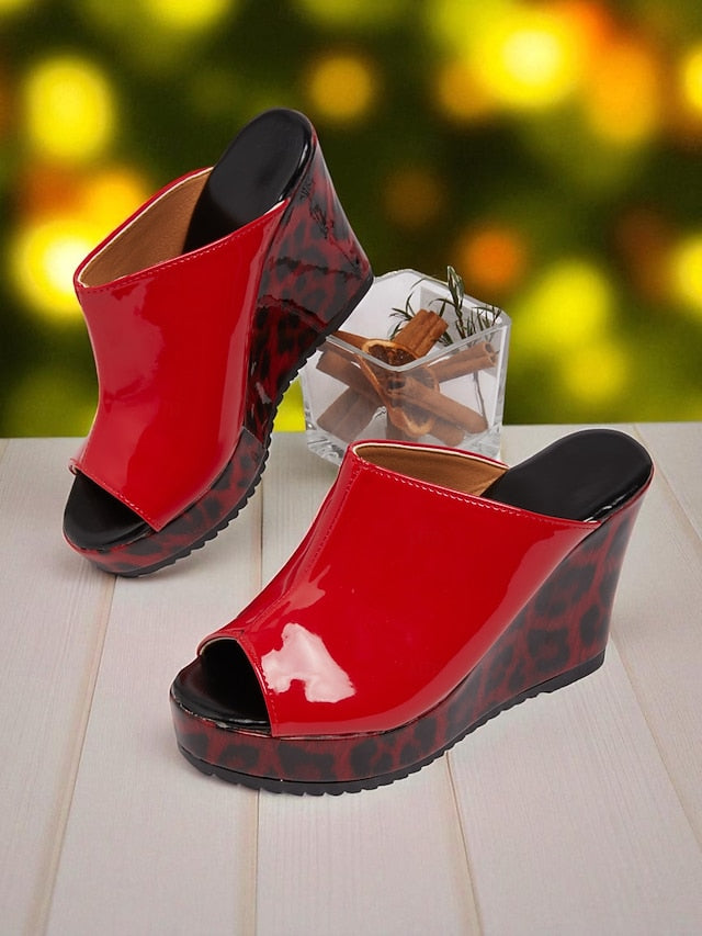 Red Wedge Patent Sandals Peep Leopard Toe Leather Women's -