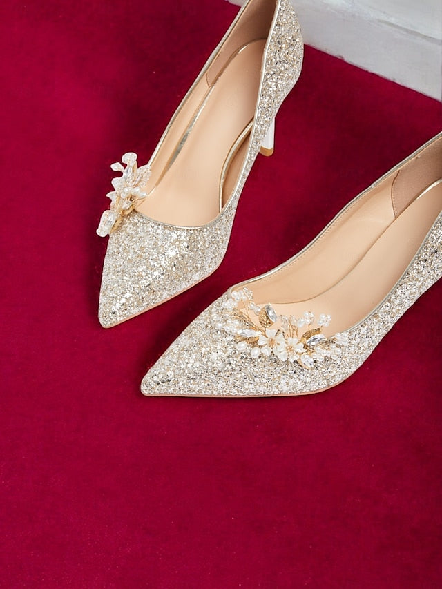 Glitter Silver Heels Stiletto Floral with Women's