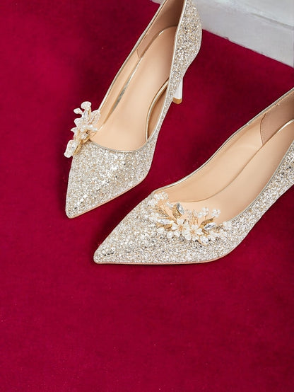 Glitter Silver Heels Stiletto Floral with Women's