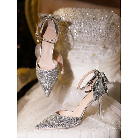 Glitter - Toe Silver Heels Sparkly Pointed Women's Bow
