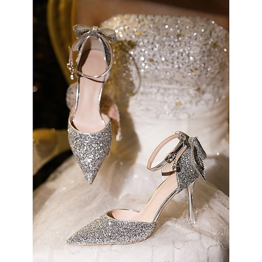 Toe - Bow Sparkly Heels Women's Silver Pointed Glitter