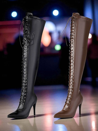 Lace-Up Boots the Brown - Knee Women's Sexy Over Stiletto