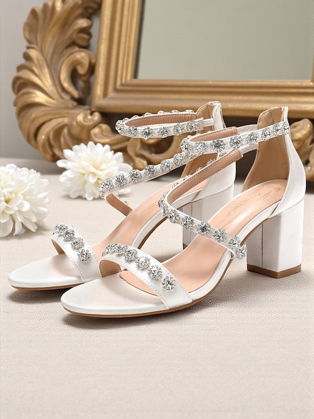 Heel Open Elegant Women's White Block Sandals - Rhinestone