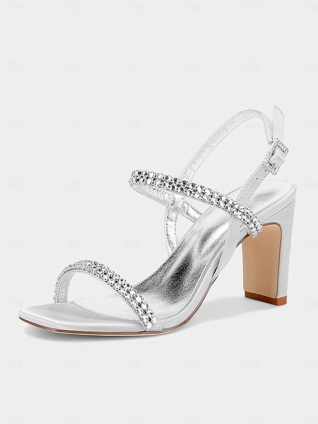 Heel Prom White Bridal – Rhinestone Sandals Women's Block