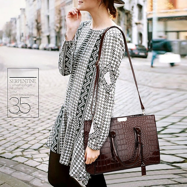 Women's Black Patent Crocodile Leather Pattern Handbag with