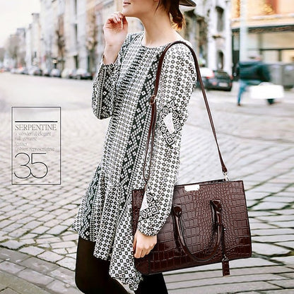 Women's Black Patent Crocodile Leather Pattern Handbag with