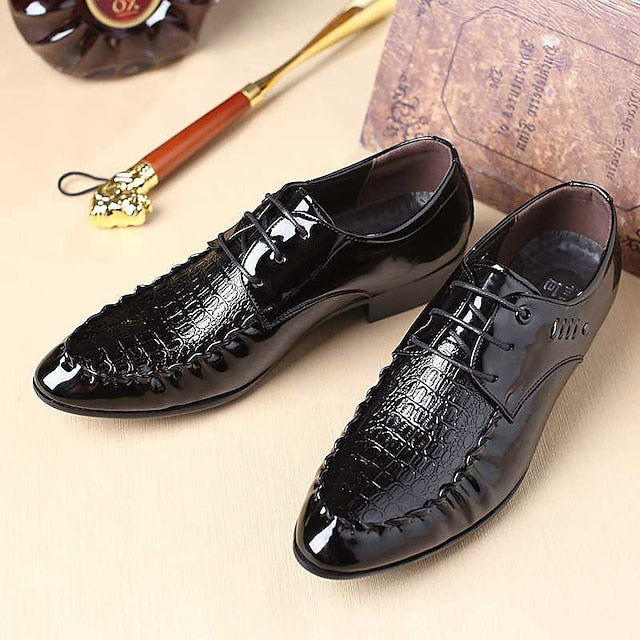 Black - Men's Leather Shoes Faux Crocodile Patent