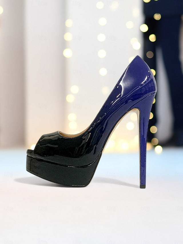 Heels Patent Peep Leather High Platform Black Women's Toe
