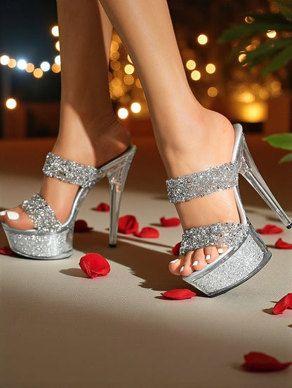 Mules Women's Peep Rhinestone Glitter - High Platform Heel