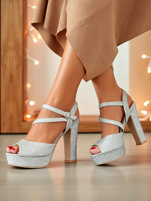 Glitter Women's High Sandals Strap Ankle Heel with Platform