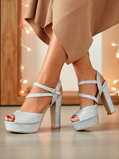 Glitter Women's High Sandals Strap Ankle Heel with Platform