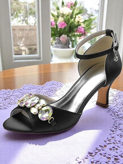 Ankle Heels and Open Satin Women's Strap Black with Toe