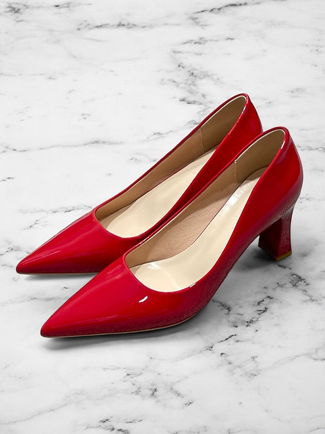 Heel Green Leather Faux Glossy Patent Pumps Pointed-Toe Block