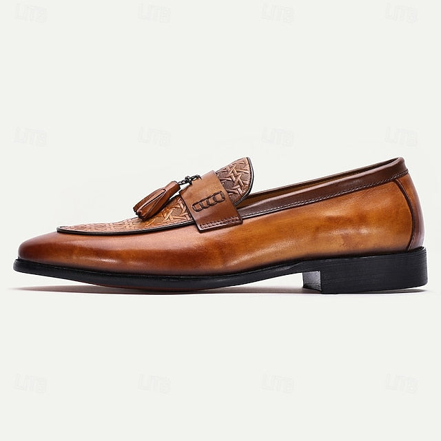 Loafers Tan Leather – Slip-On Tassel Men's Vintage