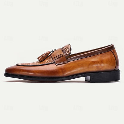 Loafers Tan Leather – Slip-On Tassel Men's Vintage