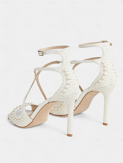 with Open-Toe White Sandals Stiletto Pearl-Embellished Ankle