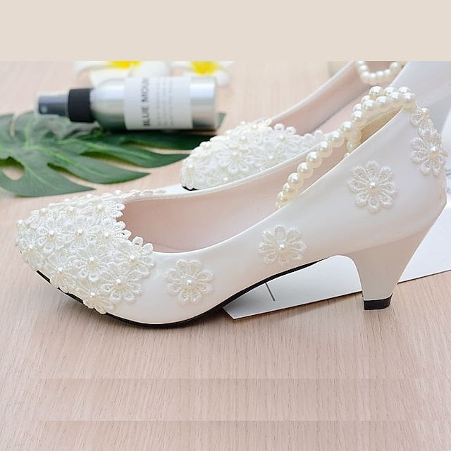 White Pearl Lace Wedding Floral Heels – Women's Decorated