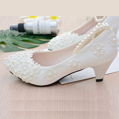 White Pearl Lace Wedding Floral Heels – Women's Decorated