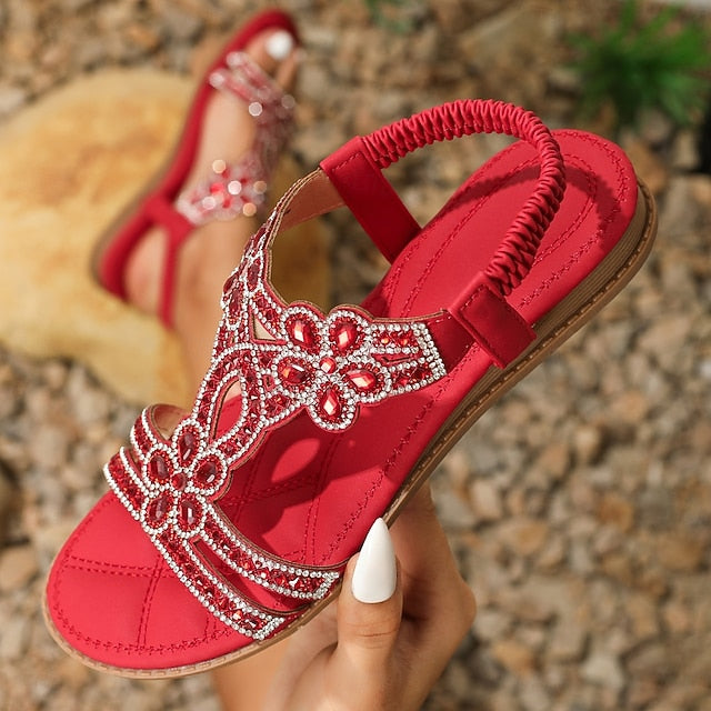 Rhinestone – Flat Boho Silver Sandals Women's T-Strap