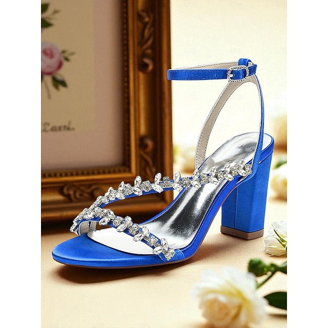 Heel Sandals Block Straps Women's - Rhinestone White with