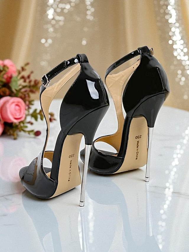Stiletto Red Women's Leather Patent Heels Open Strappy -