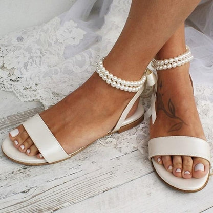 with Ankle Sandals Strap Flat Women's Pearl White –