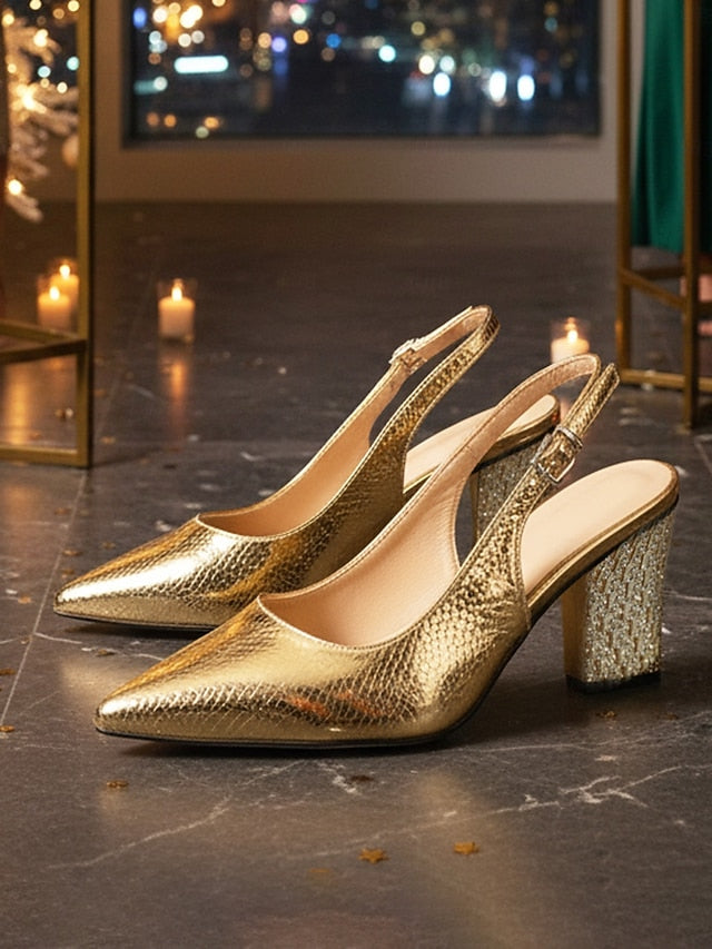 Block Toe Gold - Pointed Women's Slingback Pumps with Heel