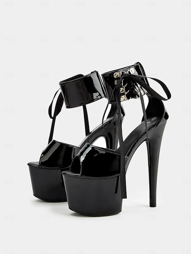 Black Patent with Platform Sandals Leather Ankle Straps Lace-Up