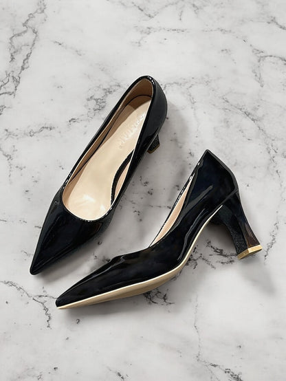 Heel Green Leather Faux Glossy Patent Pumps Pointed-Toe Block