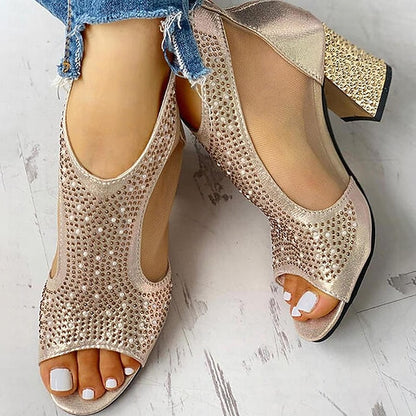 with Heeled Gold Peep Toe Sandals Elegant Women's Glitter