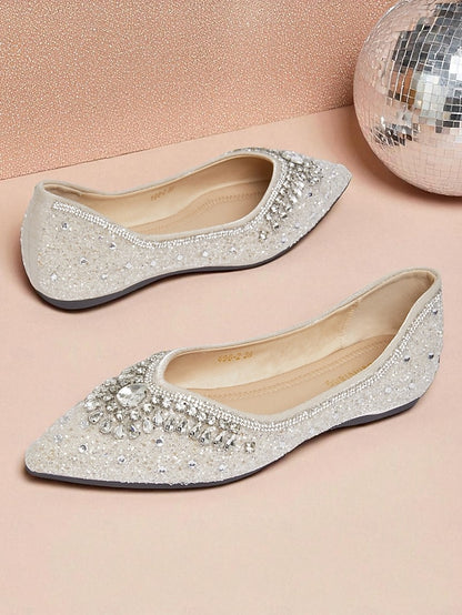 Women's Pointed Toe Silver Crystal Glitter with Flats