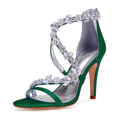 High Women's Floral Pink Rhinestone Sandals Heel with Satin