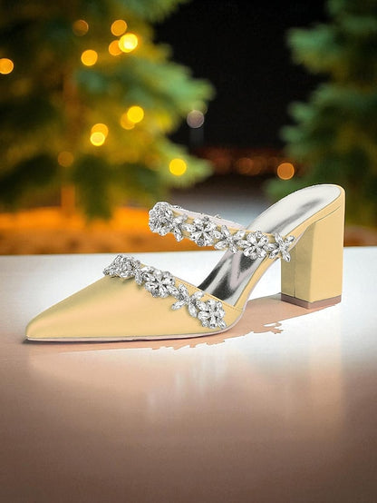 Heel Block Mules with Black Satin Floral Rhinestone Women's