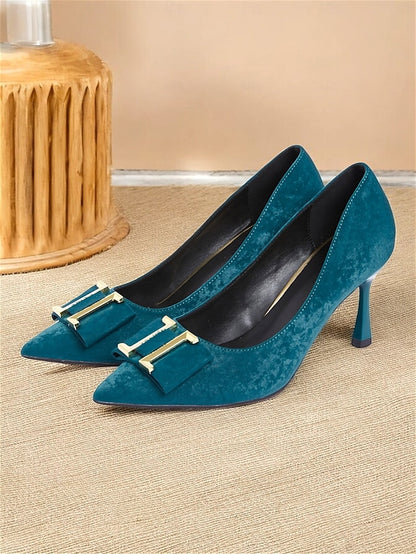 Elegant Toe Teal Kitten Velvet Heel Pointed Women's Pumps -