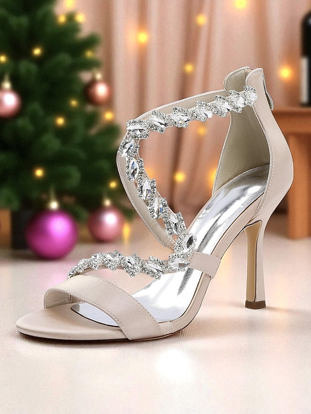 - Heel Strappy Sandals White Rhinestone Women's High