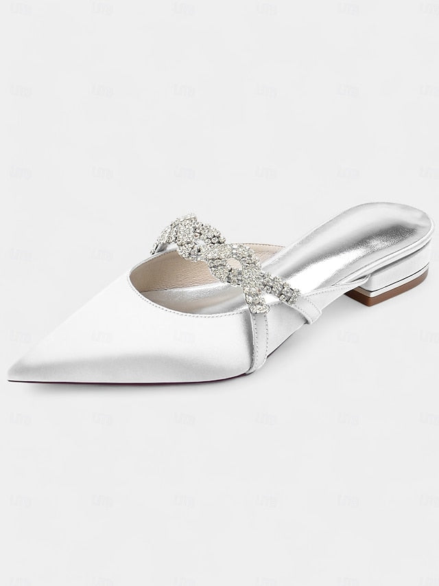 - Rhinestone with Heels Satin Pointed-Toe Mule Blue Detailing