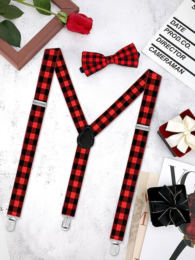 Set Suspender Tie and Christmas Bow Men's Adjustable Plaid