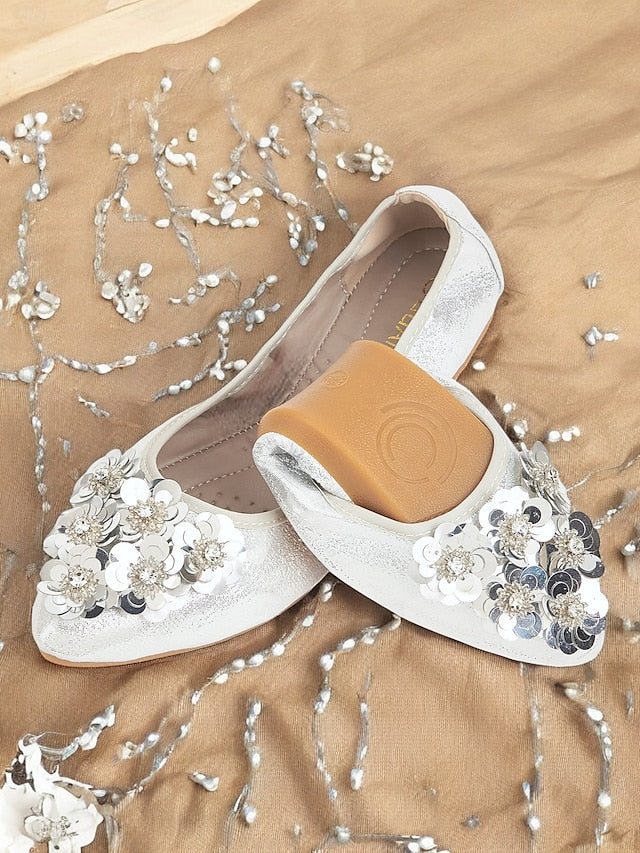Floral Flats Embellished Foldable Comfortable Women's –