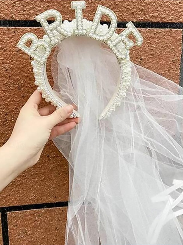 with Veil Pearl-Embellished Headband 'BRIDE' –