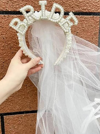 with Veil Pearl-Embellished Headband 'BRIDE' –