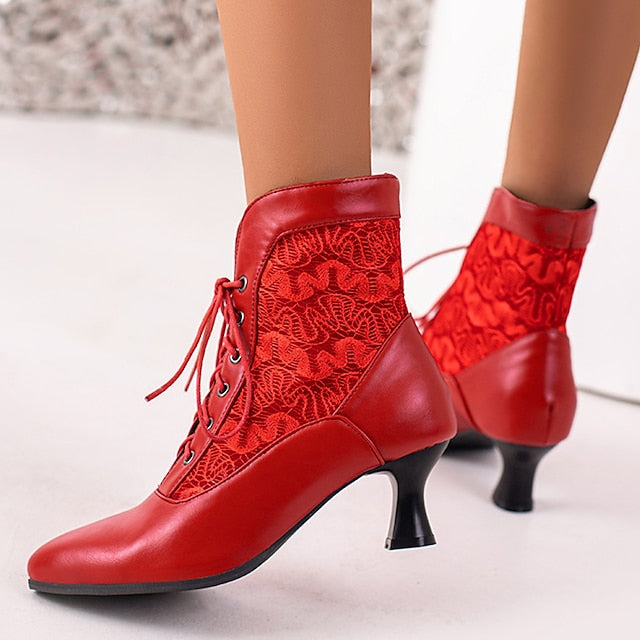 Panels Lace-Up Boots Ankle Women's White with Embroidered