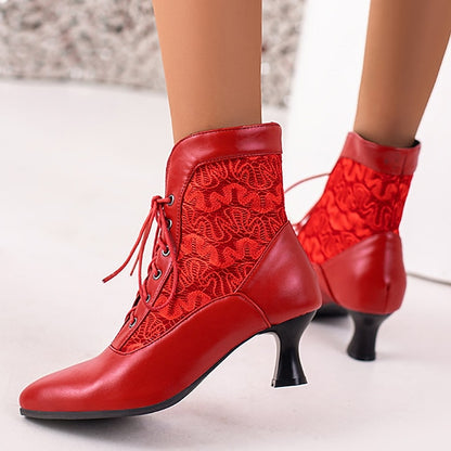 Panels Lace-Up Boots Ankle Women's White with Embroidered