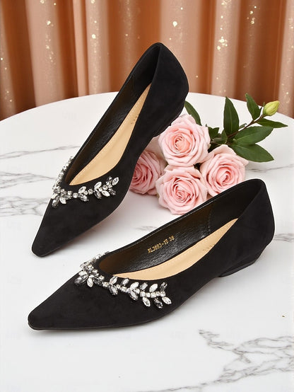 Toe Pointed Black Women's with Suede Flats Rhinestone
