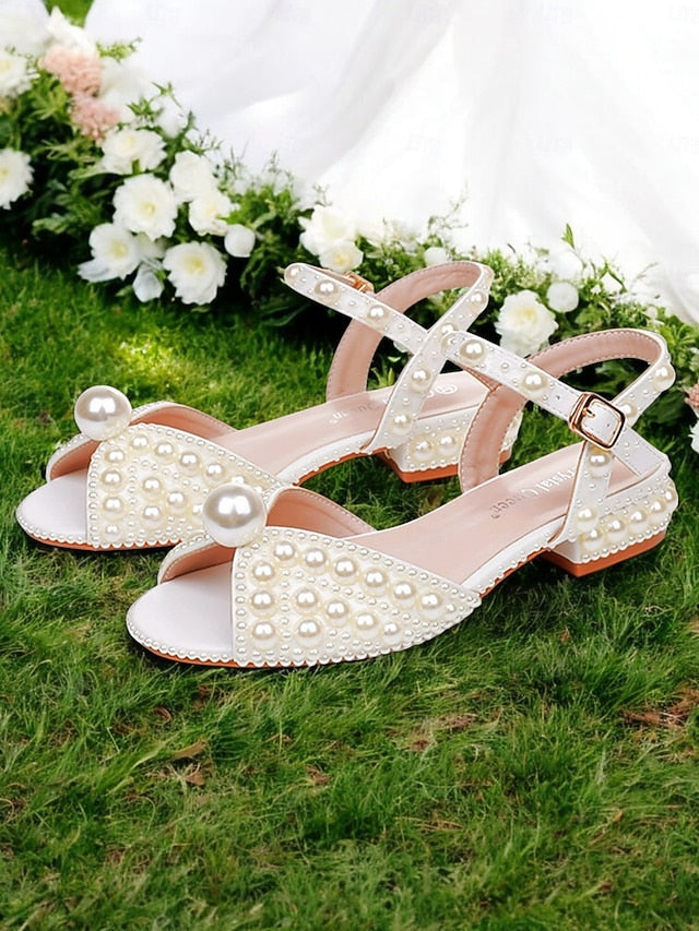 Women's Pearl-Embellished – Heel Low White Sandals
