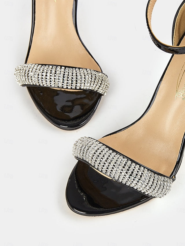 Rhinestone Black Patent with Sandals Leather High Heel